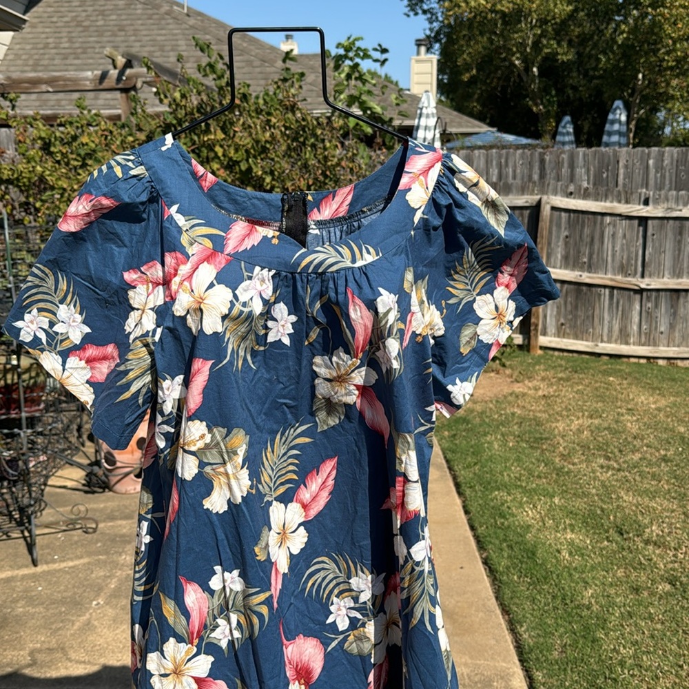 NOS Vintage Hawaiian Cotton Floral Dress XL Blue Pink White